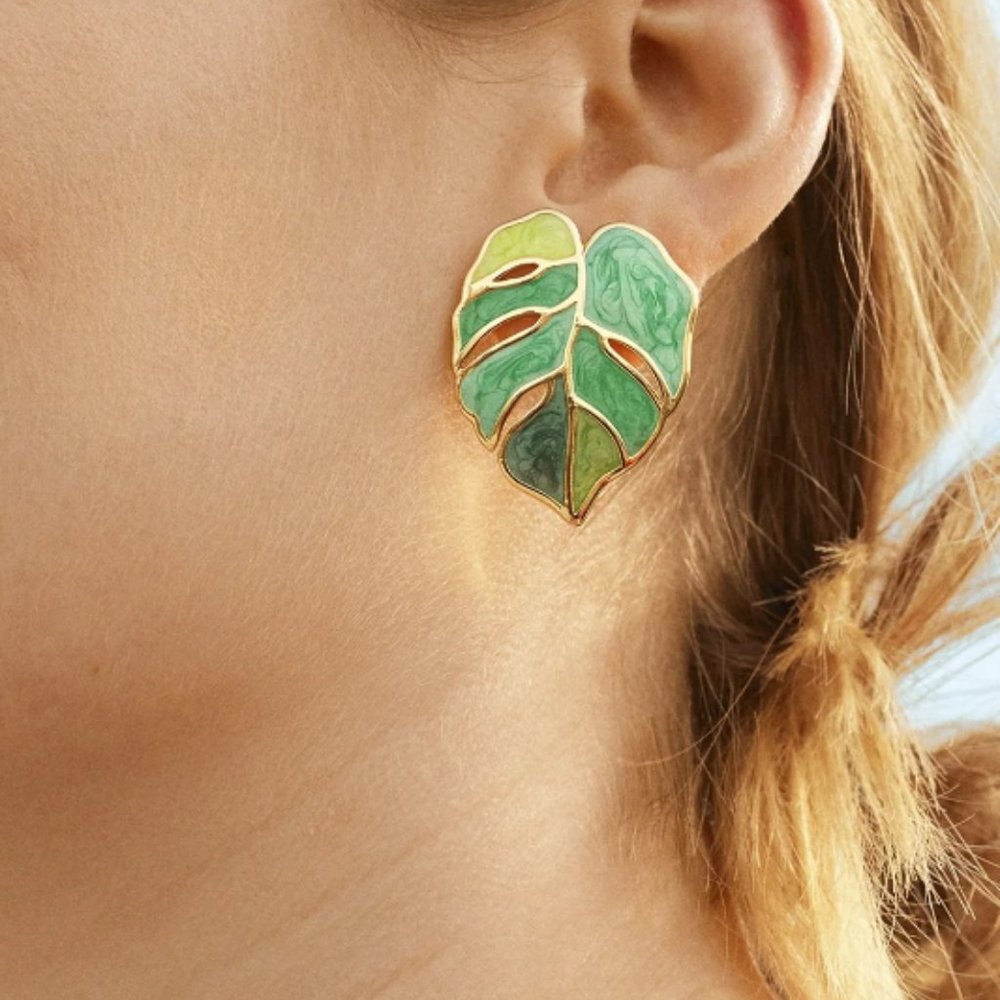 Green & Gold Bohemian Monstera Leaf Palm Tree Leaf Marble Painted Stud Earrings - Picture 2 of 6